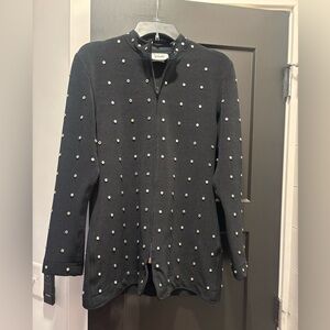 Vintage Tadashi Shoji Rhinestone Skirt Suit Zip Up Jacket Dress Studded Black L